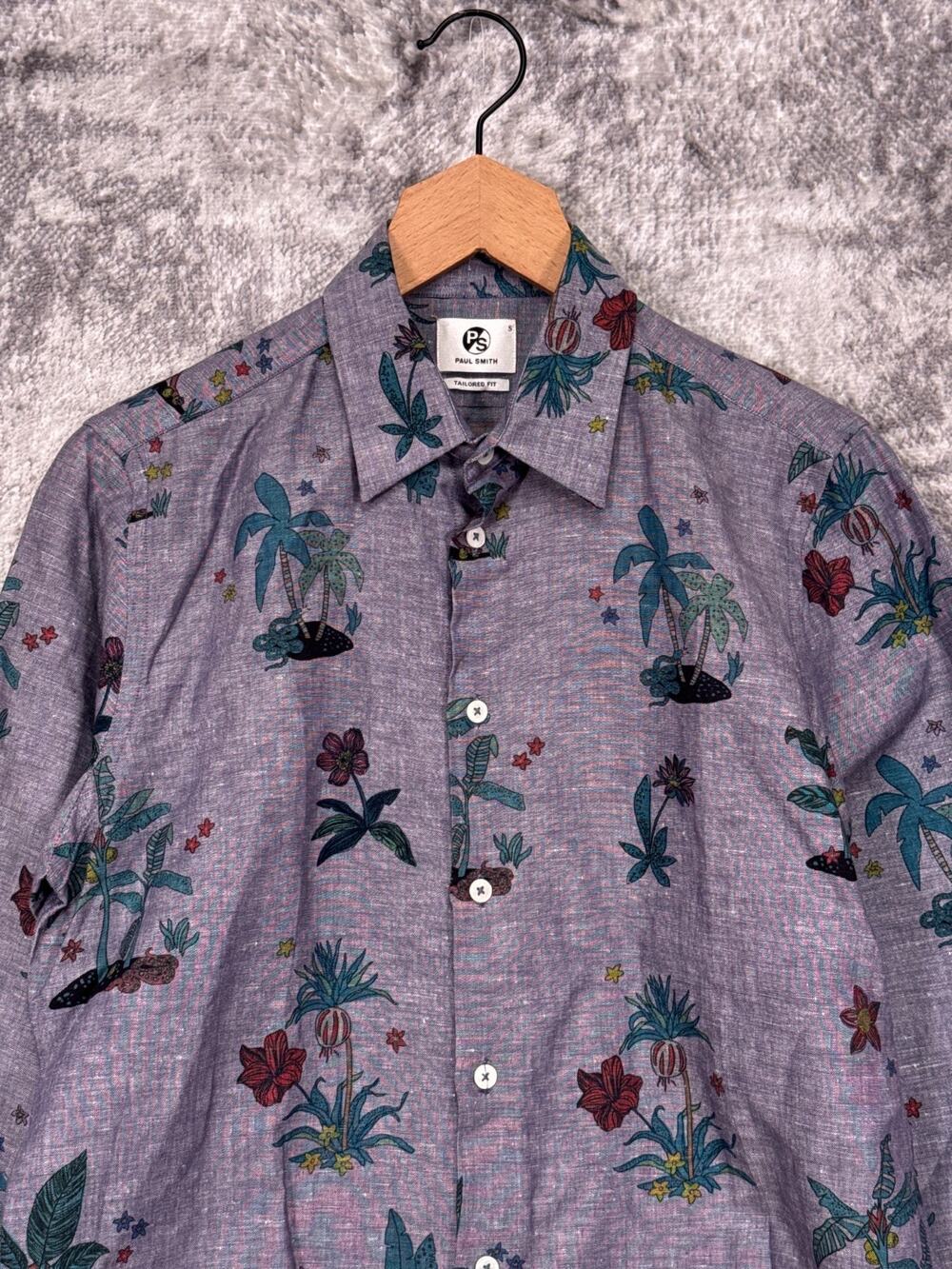 Paul Smith Shirt Small Mens Blue Linen Blend Chambray Island Floral Snake Print